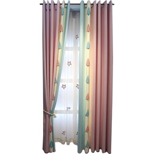 Customized fresh Nordic simple stitching embroidered childrens room curtain cloth boy bedroom girl room bay window shading
