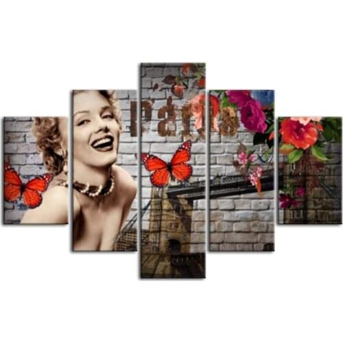 Wall Art Picture Painting Living Room 5 Panel Marilyn Monroe And Butterfly Rose Frame Print Canvas Poster Home Decoration