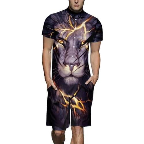 Summer New Mens Fashion Design Romper 3D Lightning Tiger Print Playsuit Male Short Sleeve Beach Sets Casual Jumpsuit Overalls