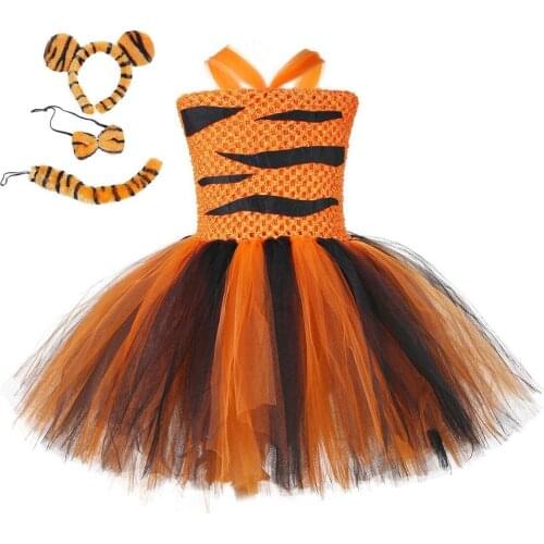 Animal Costume Set Zoo Animal Fancy Dress Tiger Costume Outfit Kit Accessories for Kids Girls Halloween Cosplay Dress Up