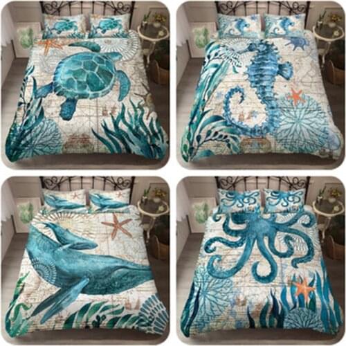 Nautical Decorative Retro Marine Animal Pattern Bedding Set 3pcs Seahorse Octopus Turtle Whale Decorative Duvet Cover Sets