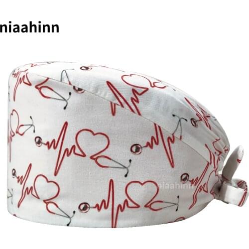 100%cotton Fashion Cartoon Print Scrubs Hats Adjustable Medical Cap Beauty Salon Nursing Cap Health Service Pet Shop Scrub Caps