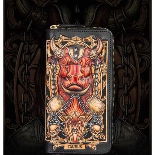 Handmade Genuine Leather Taurus Wallets Cartoon Constellation Purses Men Long Clutch Vegetable Tanned Leather Card Holder