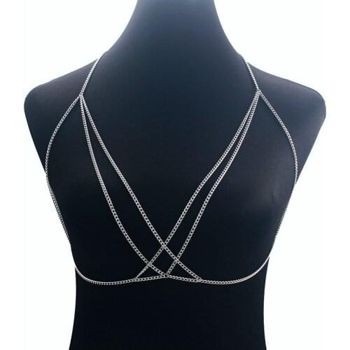 New Arrival Shiny Choker Necklace Gold Color Body Chains Summer Beach Simple Cross Sexy Bra Chain For Women