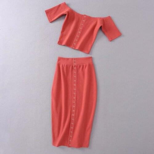 2021Solid Color Knitted Front Button 2-Piece Dress Womens Cordless Top And Skirt Suit Womens Knee-Length Dress Two-Piece Dress