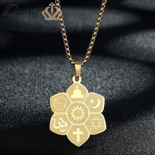 Lotus Of Peace Pendant Necklace For Women Yin And Yang Yoga Cross Star Moon Hexagram Trend Jewelry Stainless Steel Necklace