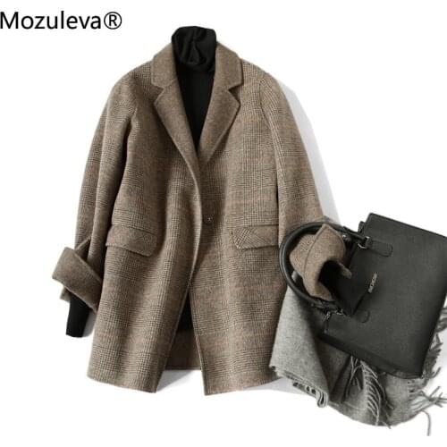Mozuleva 2021 Hand-Stitched Wool Double-Sided Plush Coat Plaid Coat Single Breasted Casual Cashmere Wool Coat Women Female
