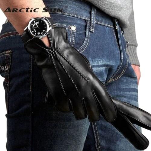 Top Fashion Men Genuine Leather Gloves Autumn Winter Plus Velvet Five Finger Sheepskin Driving Glove For Male M014WC