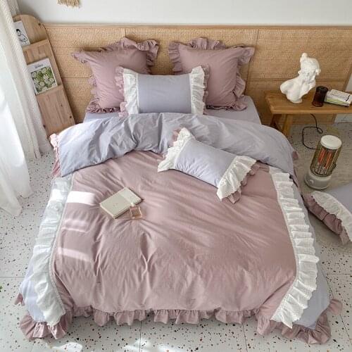 Luxury Soft Cozy 600TC Washed Cotton Korean Princess Style Bedding Set White Lace Edge Duvet Cover Flat/Fitted Sheet Pillowcases