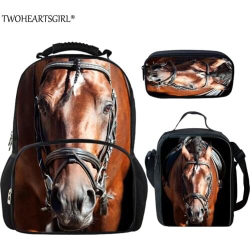 Twoheartsgirl Cool Crazy Horse School Bag Set for School Girls Women High School Children Kids Schoolbag Big Bookbags
