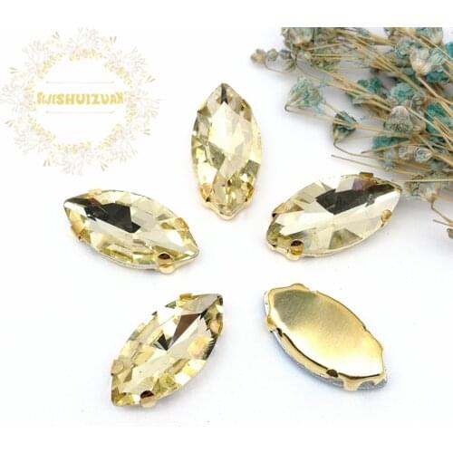 Classic style Light yellow horse eye shape Glass Crystal sew on rhinestones with gold claw Diy shose Free shipping