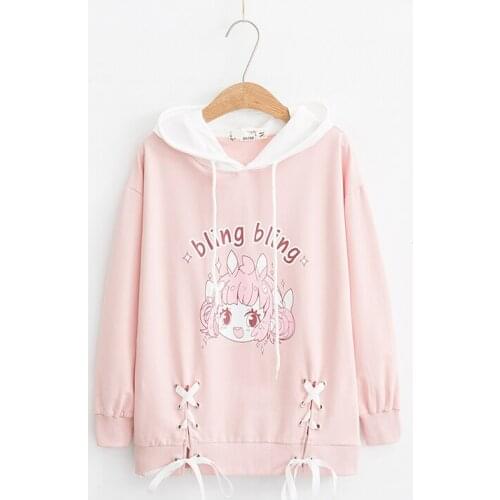 Japanese Soft Girl Cute Loose Spring Hooded Sweatshirt 2020 New Kawaii Rabbit Radish Stitching Ear Long Sleeve Pink Sweatshirt