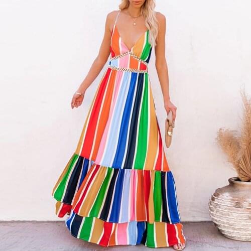 TEELYNN Sexy Sleeveless Backless lace up Maxi Dresses For Women Party Deep V Neck Rainbow stripes Summer Long Dress Vintage Robe
