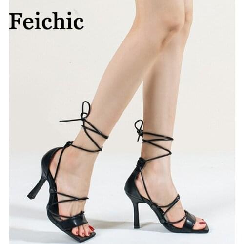 Feichic2021 new summer plus size high heels women fashion strappy square toe stiletto high heel sandals women