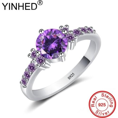 YINHED Real 925 Sterling Silver Wedding Bands Finger Ring 1.5 Carat Round Purple Cubic Zircon Engagement Rings for Women ZR521