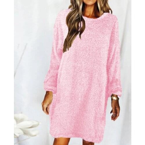 CINESSD Women Pullovers Solid Plush Sweater O Neck Long Sleeve Casual Autumn Winter Tops Pink Plus Female Long Fleece Sweaters