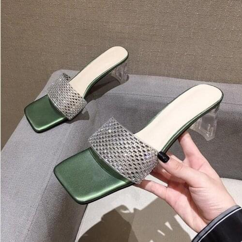 2021 Luxury Design Sequins Slides Women 6cm High Heels Mules Fetish Summer Sandals Transparent Thick With Slippers Sexy Shoes