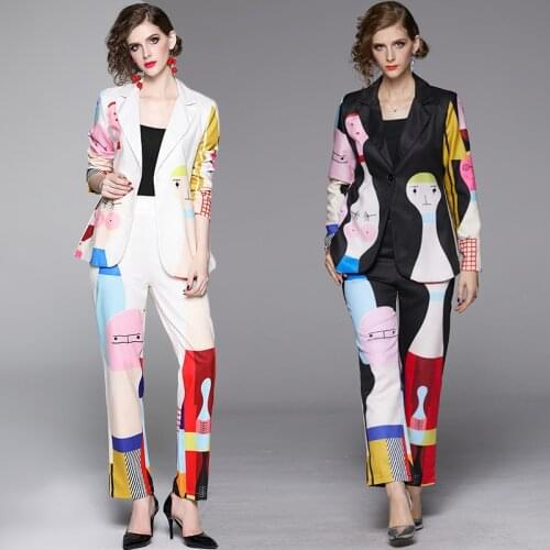 Autumn Ladies Portrait Print Suit Set Womens Fashion 2020 New Notched Blazer Jacket+ Pocket Elastic Waist Pant 2 Piece Suit