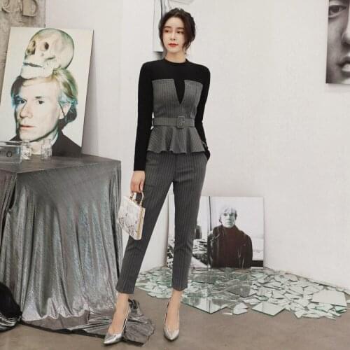 S-XL Plus Size Sheer Fall 2020 Women Clothing Woolen 2 Piece Set Ruffle Contrast Blouse and Nigh Pants Woman Work Two Piece Set