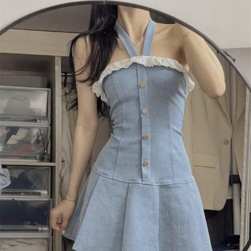 Blue Denim Y2k Mini Dress Women Sleeveless Elegant Lolita Jean Dress Female Kawaii Clothes One Piece Dress Korea 2021 Summer