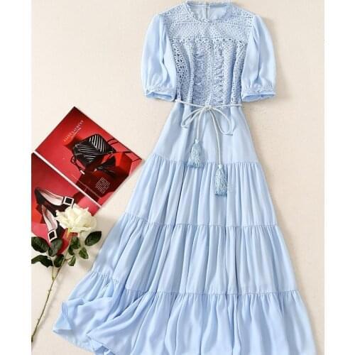 New Fashion Blue Dress 2021 Summer High Quality Women Crochet Lace Embroidery Patchwork Short Sleeve Large Swing Dress Vestidos
