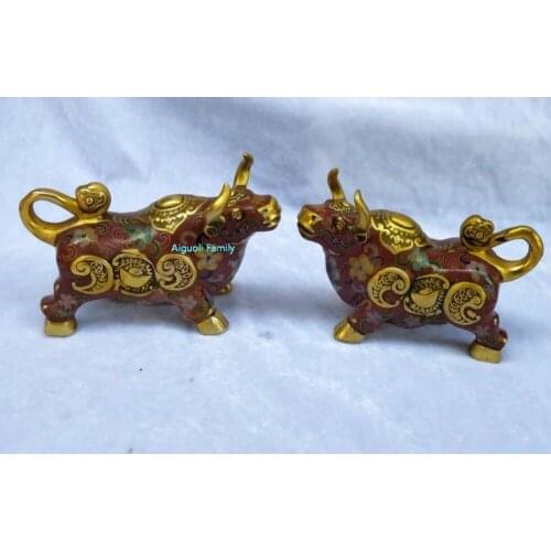 Art Collectible Chinese Old Cloisonne Bronze Carved 1 Pair Wealth Cow Statue/Home Decoration Animals Sculpture Holiday gifts