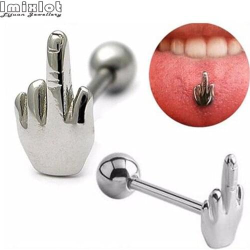 1PC Stainless Steel Middle Finger Gesture Tongue Barbell Stud Piercing Rings Body Jewelry Punk N0011