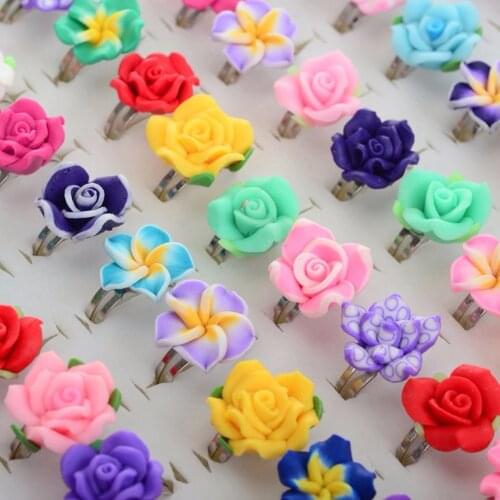 20Pcs /Lots Kids Rings Wholesale Mixed Colors Flower Polymer Clay Finger Ring Adjustable For Children Gift