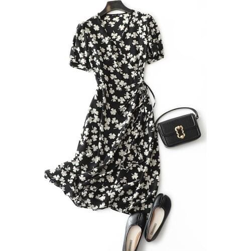 23mm 100% silk short sleeve v neck dress 2021 summer new women france four-leaf clover print clothing