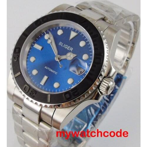 40mm bliger blue dial date window Japan NH35 316L stainless steel band automatic movement men watch Relogio Masculino