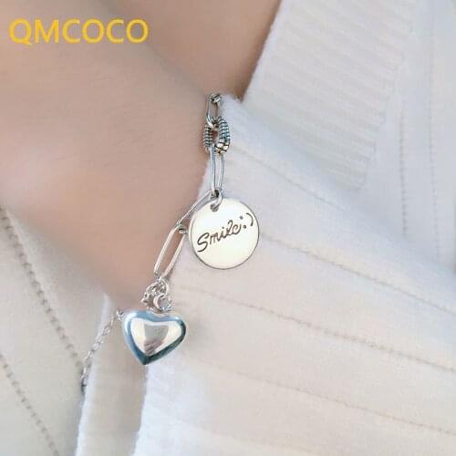 QMCOCO 925 Silver Bracelet Summmer New Trendy Punk Vintage Sweet Couples Double Chain LOVE Heart-Shape Jewelry Gifts For Woman