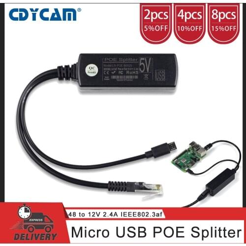 Cdycam Anti-interference Active PoE Splitter Power Over Ethernet 48V to 5V 2.4A IEEE 802.3af Micro USB Raspberry Pi for Camera