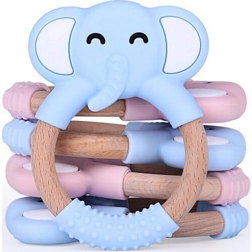 Chenkai 5PCS Baby Silicone Elephant Teether Wooden Ring Teething BPA Free For DIY Infant Chewable pendant Nursing Bracelet Toys