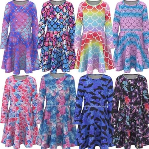 New Fancy Mermaid Princess Style Dresses for Girls Unicorn Skirt Lone Sleeve Rainbow Printing Cute Costume for Children