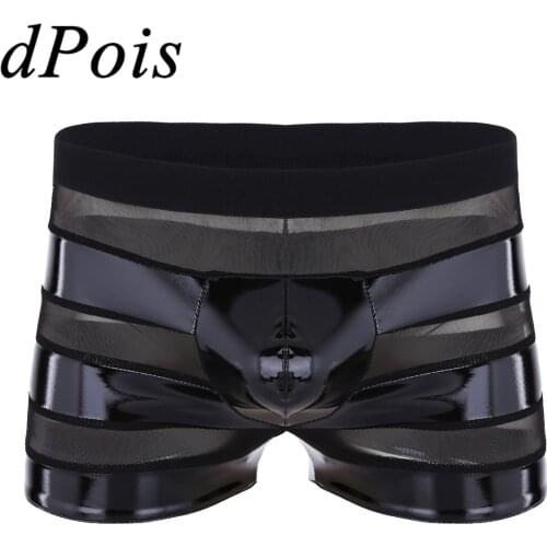 DPOIS Mens Lingerie Shiny Stain Panties Male Homme Faux Leather Mesh Stripe Low Rise Boxer Bulge Pouch Latex Briefs Underwear