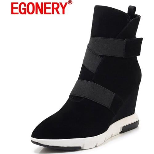 EGONERY Women winter New Style ankle boots Concise Comfortable Good Qualtiy Solid color Leisure Slope Heel Fashion Pointed Toe