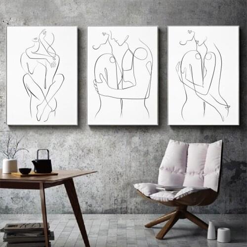 Nude Couple One Line Art Poster Man and Woman Love Abstract Canvas Painting Wall Art Naked Bedroom Wall Decor Minimalist Print