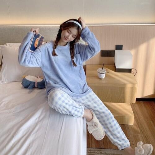 Loungewear Women Winter Pullovers Flannel Solid Light Purple Pajamas Sets Loose 2 Pieces Warm Pink Sleepwear Tops and Pants