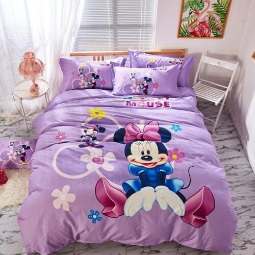 Purple Disney Minnie Bedding Set Twin Size Bedspread Queen Comforter Duver Covers Girls Bedroom Decor 100% Cotton 3-5 pcs Kids