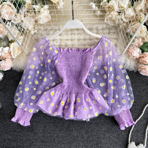 Sweet Big Lantern Mesh See Through Sleeve Elastic Waist Shirt Ruffled Casual Top