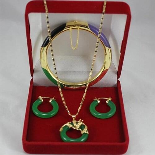 Fashion Gold Plated micro inlaid Panlong green Malay Jade Pendant + Purple + Black + Green + Red Multi Color Bracelet + Earring