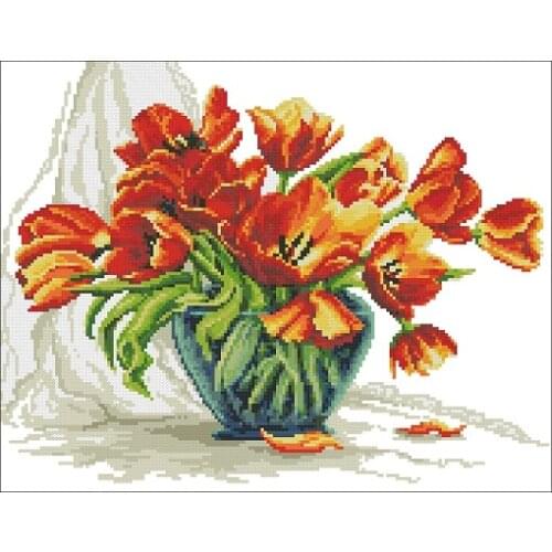 -Tulips_22118 Tulip vase Needlework,For Embroidery,DIY 14CT Unprinted Arts Cross stitch kits Set Cross-Stitching Home Decor