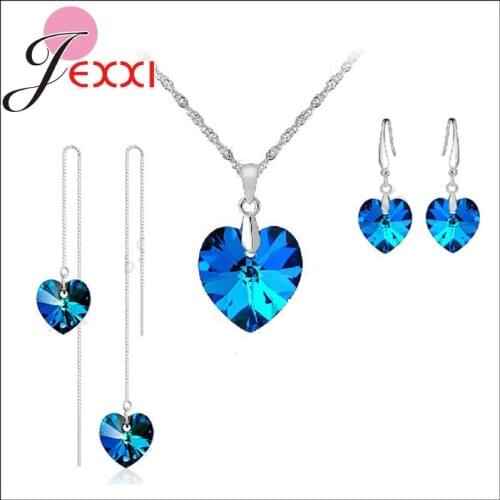 Jewely Sets Blue Austrian Crystal Pure Genuine 925 Sterling Silver Ocean Sea Heart Necklace Earring Ear Thread Popular