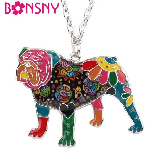Bonsny Statement Enamel Alloy English Bulldog Necklace Pendant Chain Collar Charm Hot Novelty Animal Jewelry For Women Girl Gift