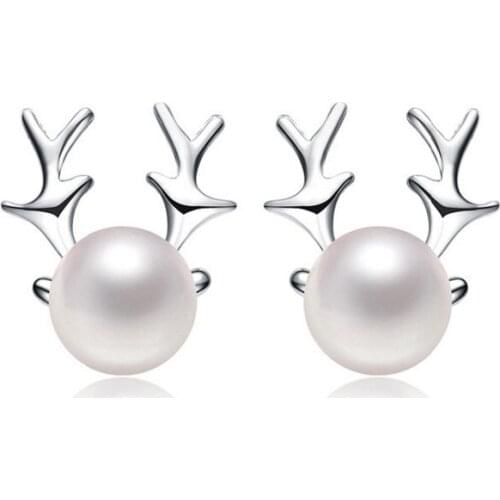 925 Sterling Silver Pin Deer Horn Earrings Darling Elk Pearl Pin-up Girl Birthday Gifts