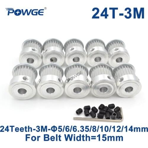 POWGE 10pcs 24 Teeth HTD 3M Timing Pulley Bore 5/6/6.35/8/10/12/14mm for Width 15mm 3M Synchronous belt pulley HTD3M 24T 24Teeth