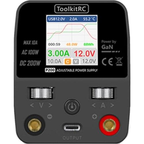 ToolkitRC P200 Mini 30V AC 100W /DC 200W 10A GaN Adjustable Mini Desktop Power Supply USB Output