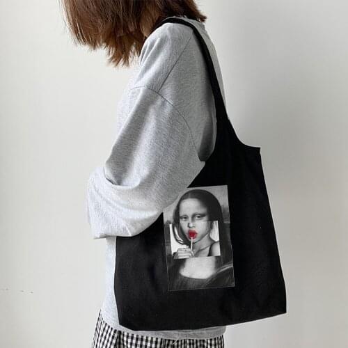 Vintage Mona Lisa Fun Print Tote New Fashion Large Capacity Shopping Bag Art Shoulder Bag Canvas Female Eco Black Beach Bags