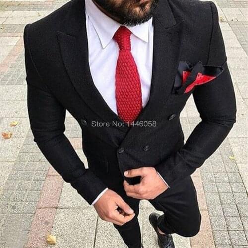 High Quality Men Suits With Pants 2019 Wool Formal Smoking Slim Fit Black Double Breasted Men Tuxedo Suit Wedding Suits For Men