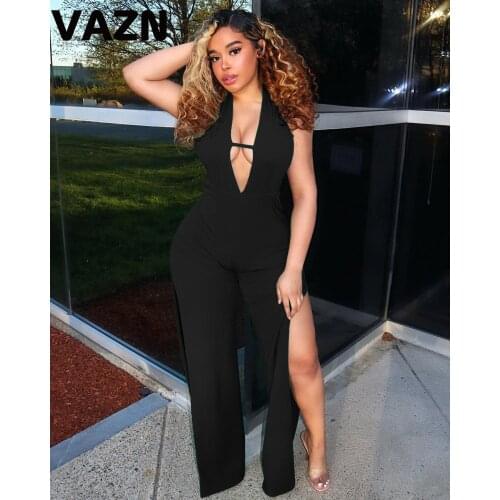 VAZN 2020 Hot Hollow out Backless Sexy Club Open Special Fashion Solid Halter Off Shoulder High Waist Women Wide Leg Rompers